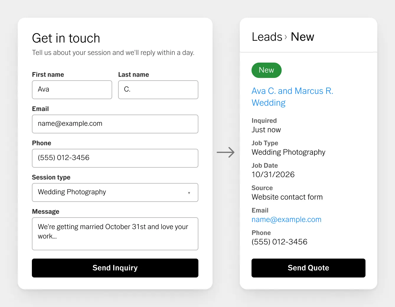 Interface do formulário de contato conectado ao acompanhamento de novos leads no VSCO Workspace