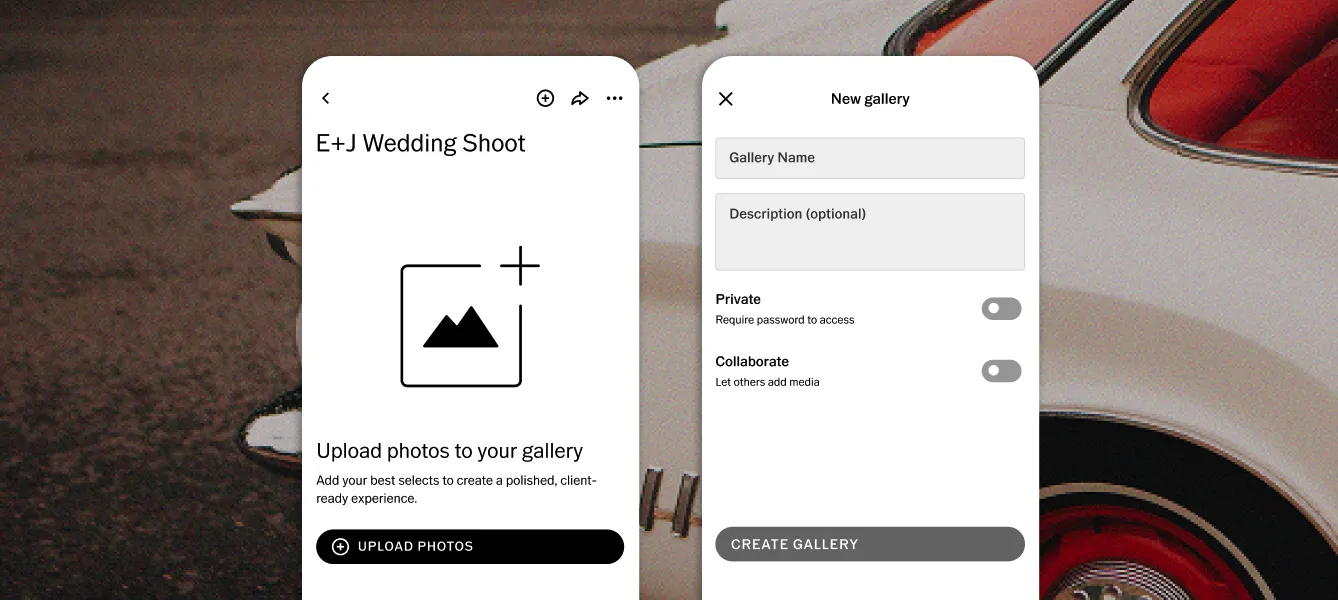 Telas para dispositivos móveis do VSCO Galleries para criar uma galeria chamada "E+J Wedding Shoot": um botão para fazer upload de fotos e, em seguida, uma segunda tela detalhada para nomear a galeria, adicionar uma descrição e ativar opções de proteção por senha e colaboração.
