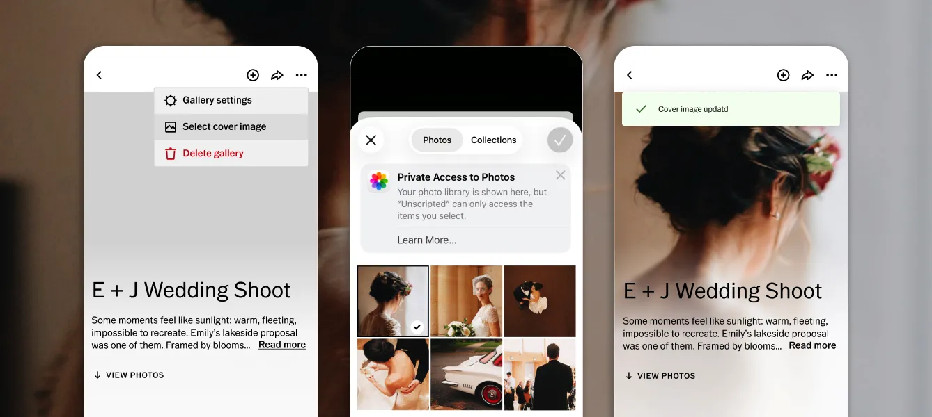 Três telas de dispositivos móveis do VSCO Galleries exibindo a funcionalidade de definir uma imagem de capa, a abertura do rolo da câmera do iOS para selecionar imagens e, em seguida, a visualização da imagem de capa aplicada — mostrando a parte de trás da cabeça de uma noiva — em uma galeria de fotos de casamento.