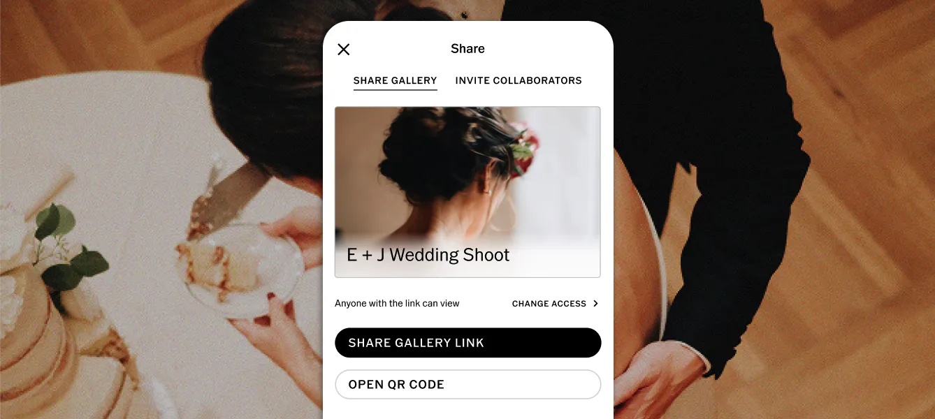 Tela do aplicativo VSCO Galleries em dispositivo móvel, exibindo as opções: Compartilhar galeria, Convidar colaboradores, Compartilhar link da galeria e Abrir QR Code.