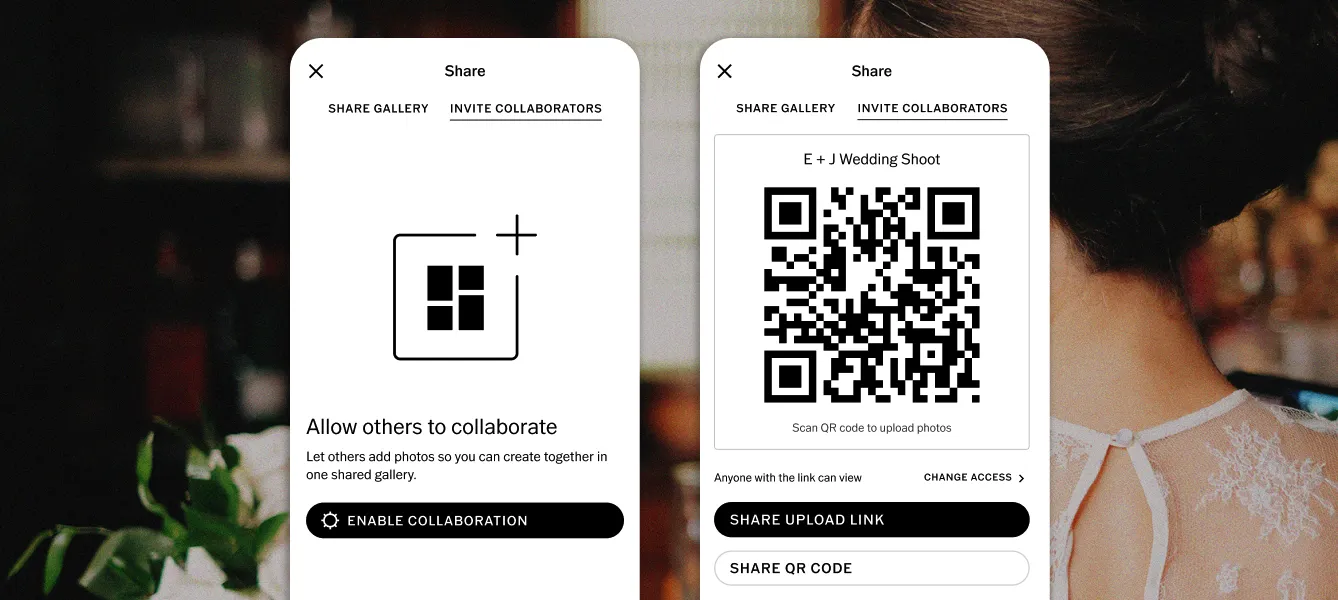 Duas telas móveis das Galerias VSCO exibindo as configurações de "Convidar Colaboradores" para habilitar a colaboração em uploads feitos por convidados e pelo segundo fotógrafo. A segunda tela mostra um código QR compartilhável.
