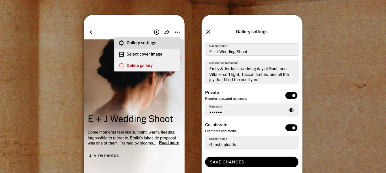 Duas telas de dispositivos móveis exibindo configurações detalhadas de uma galeria de cliente no VSCO Galleries — incluindo nome da galeria, descrição, senha e colaboração ativada — preenchidas para a galeria de um cliente de casamento.