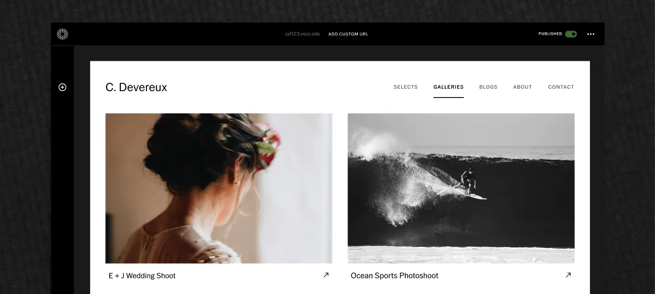 Interface do VSCO Sites demonstrando a capacidade do sistema integrado de adicionar galerias de clientes ao seu site de portfólio a partir do VSCO Galleries.