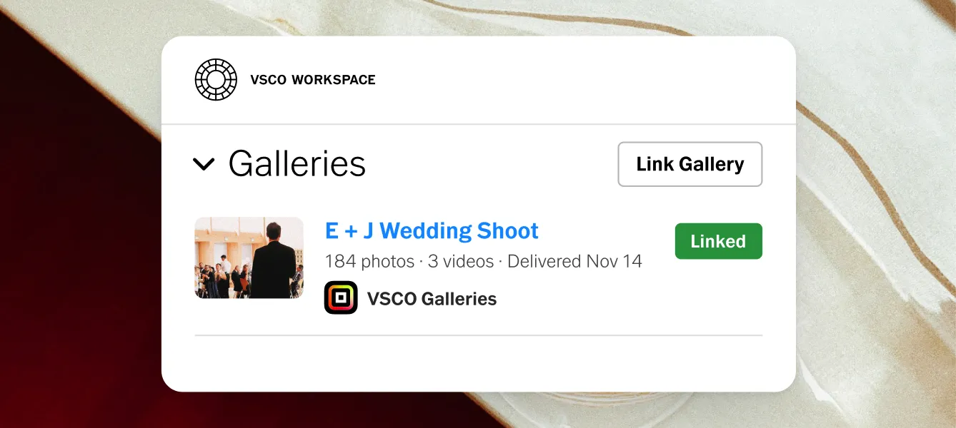 Interface do VSCO Workspace mostrando a plataforma de fotografia conectada para vincular as entregas de galerias de clientes ao CRM, permitindo o acompanhamento.