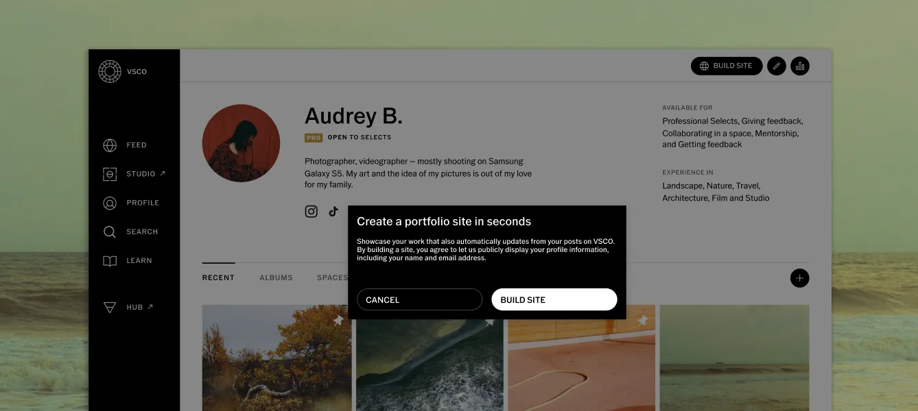 Perfil no VSCO com uma mensagem pop-up: 'Crie um site de portfólio em segundos'