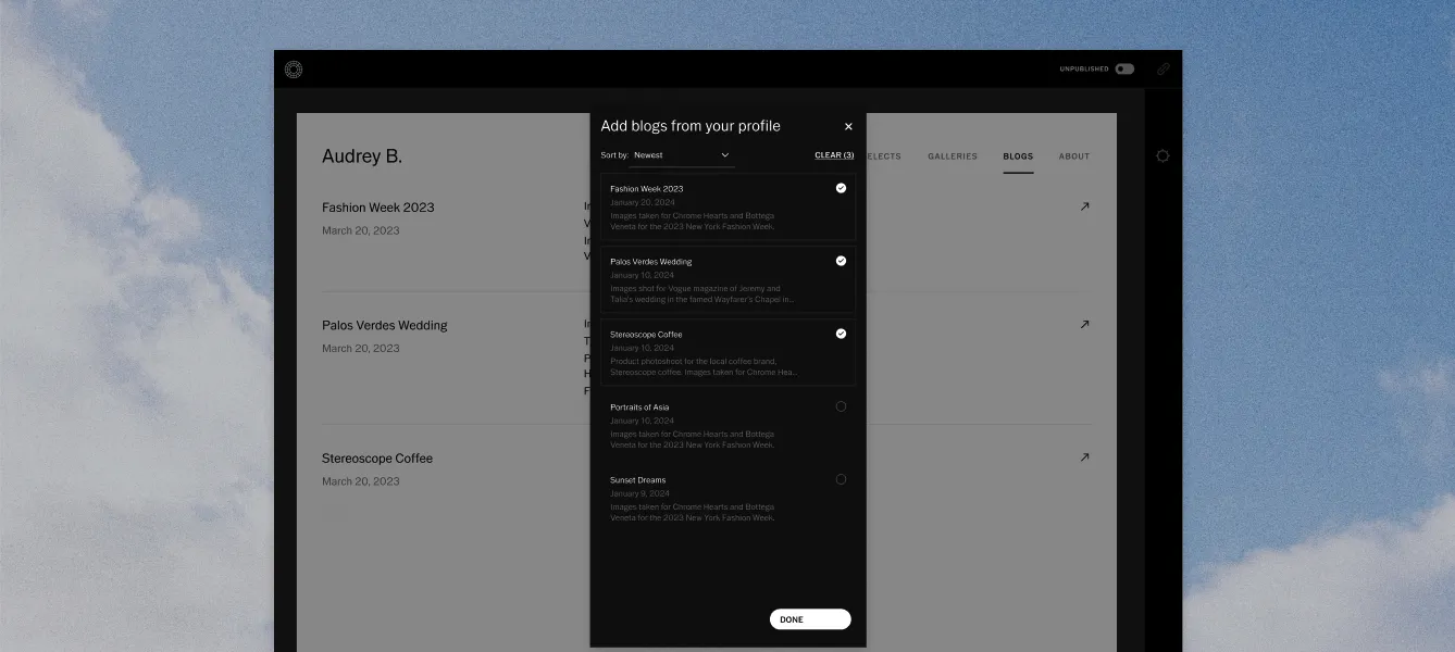 Interface do criador de sites de fotografia VSCO exibindo a opção 'Adicionar blogs do seu perfil'