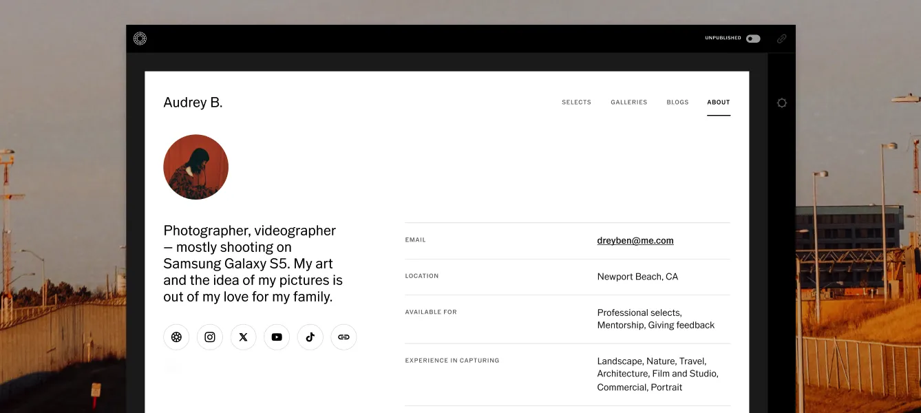 Exemplo de site VSCO para Audrey B., na página "Sobre"