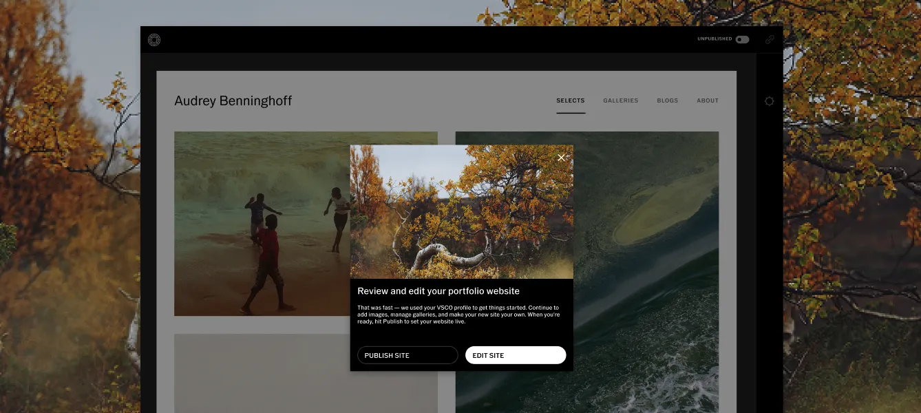 Site de fotografia de Audrey Benninghoff com a mensagem sobreposta "Revise e edite o site do seu portfólio" para publicar o site.