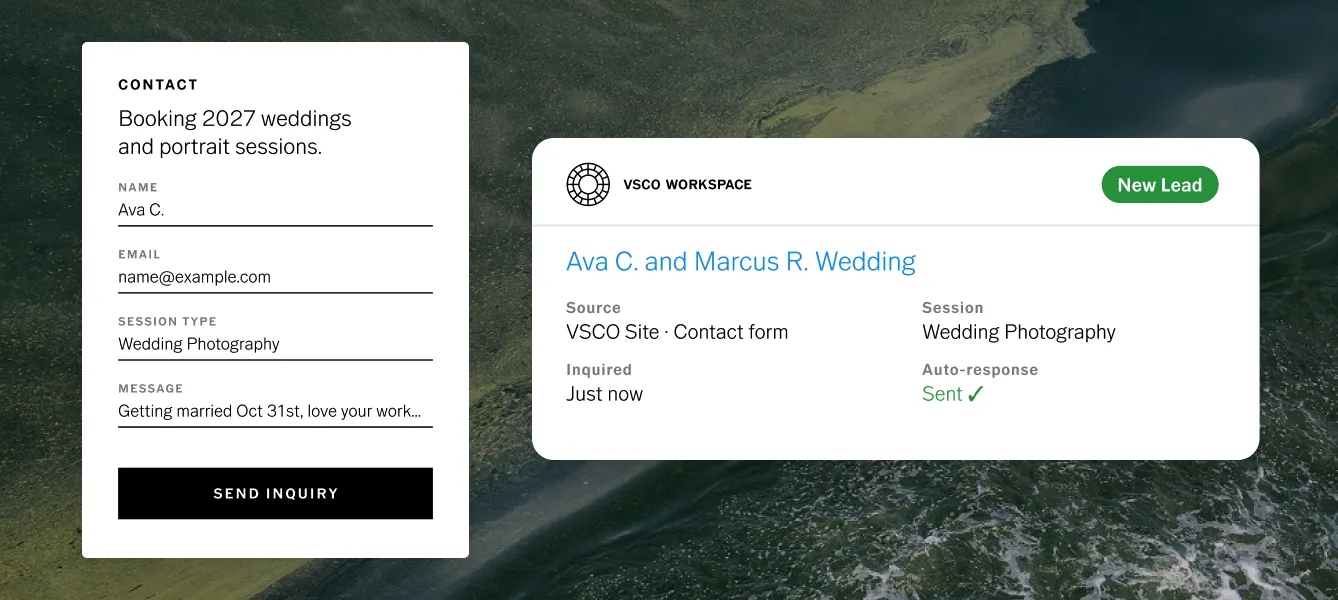 Duas telas mostrando o formulário de contato de um site à esquerda e, à direita, a tela do novo lead exibido no painel do Workspace após o envio do formulário pelo cliente.