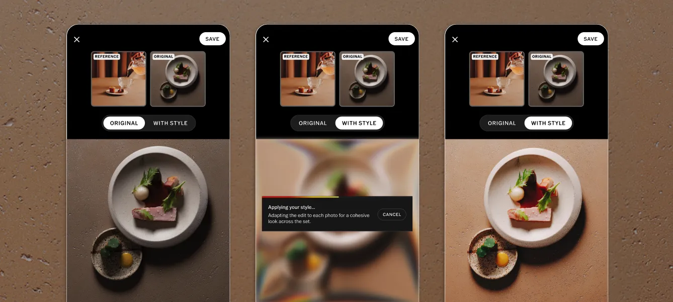 Style Match workflow showing reference and original images in 3 mobile screens, original image of plated food on the left, progress message 'Applying your style' in the middle screen, and edited image with reference style applied on right screen