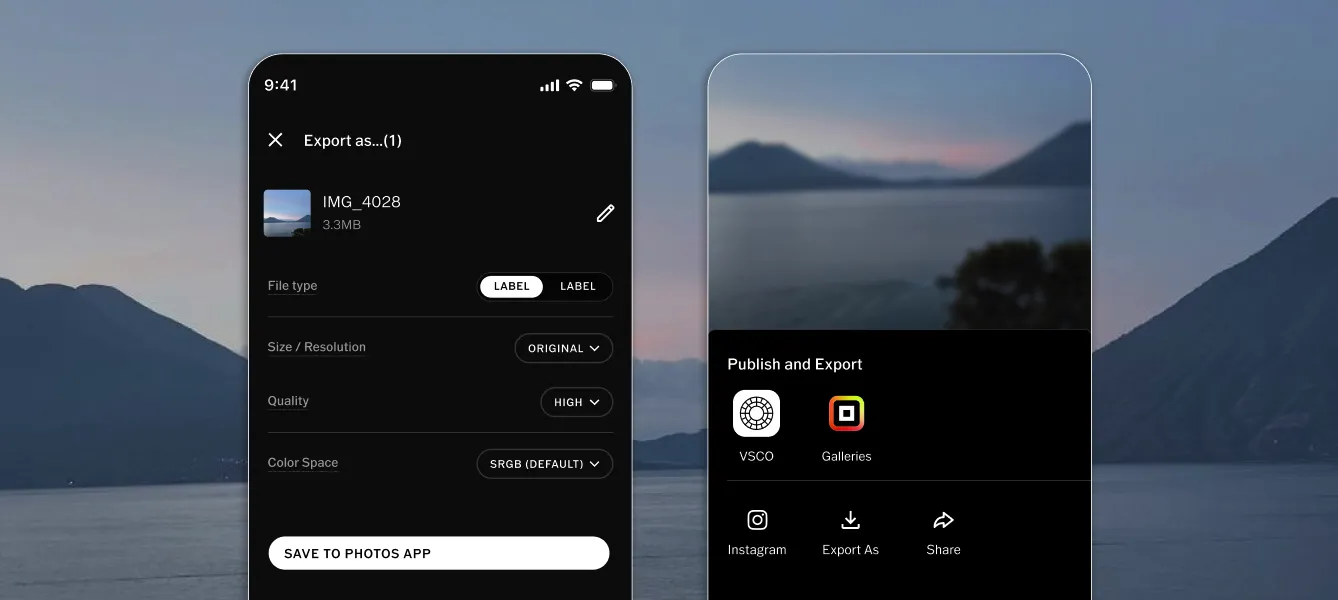 Export photos from VSCO Studio Pro with left screen showingoptions for file type, label naming, size/resolution, quality, color space. Right screen shows publish options to VSCO Profile, VSCO Galleries, Instagram, Download, and Share.
