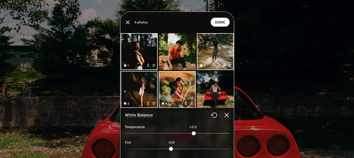 Batch editing photos for white balance in VSCO Studio Pro mobile UI