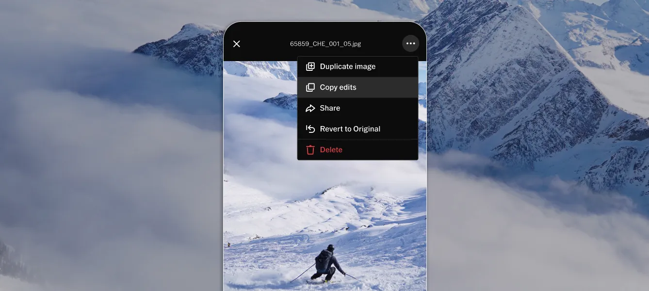 VSCO Studio Pro mobile UI showing menu drop down to Copy edits