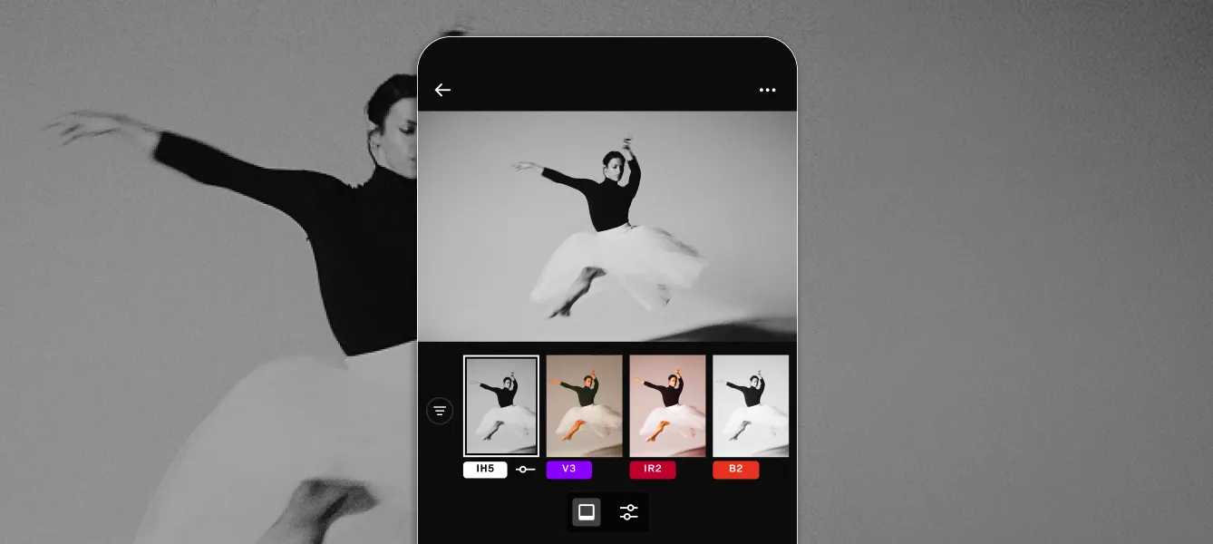 VSCO Studio Pro UI showing image of a ballerina with IH5 black and white filter selected and applied, with preset menu show other options for V3, IR2, and B2
