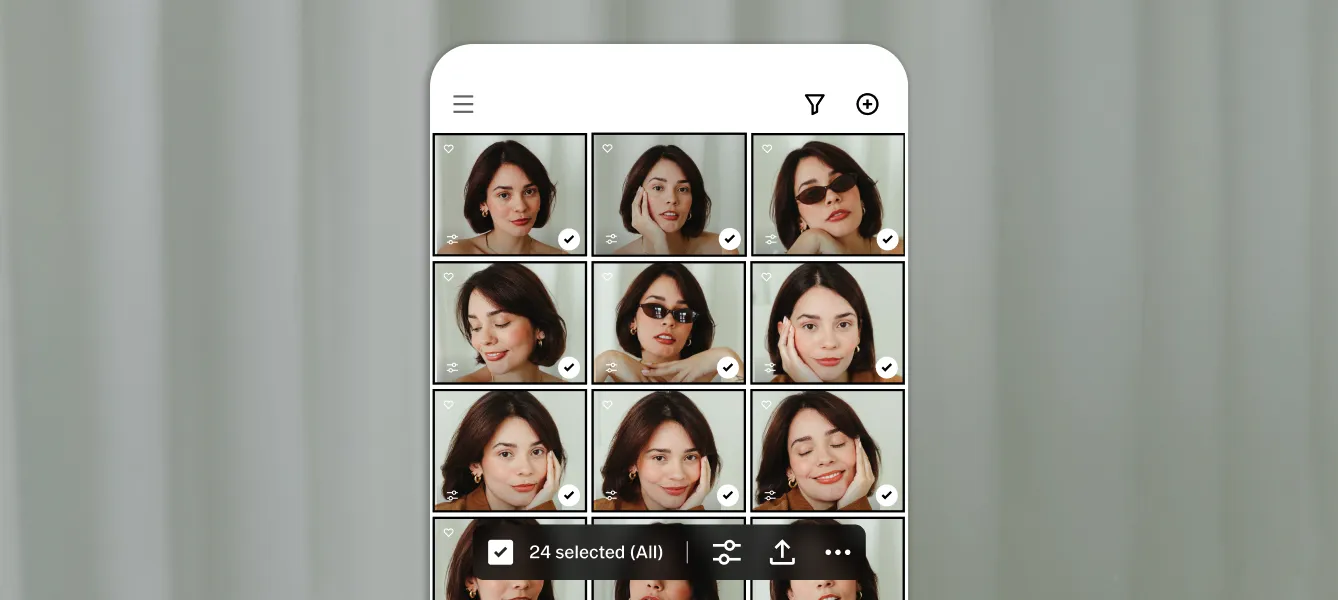 24 portrait images of a woman selected for batch editing in VSCO Studio Pro mobile UI
