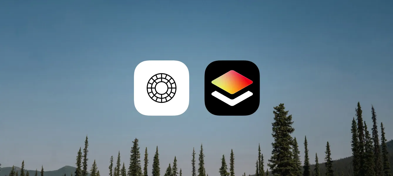 VSCO app and VSCO Studio Pro logos overlaid on image of tall trees and blue sky