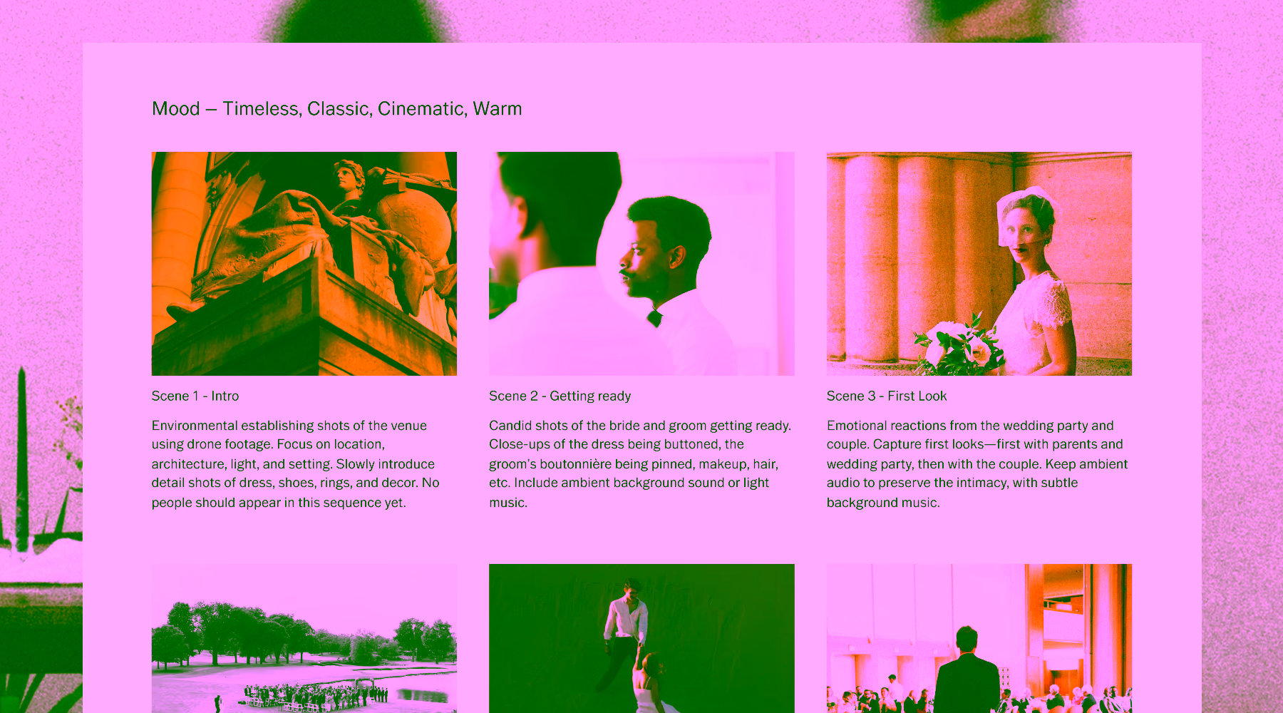 Video storyboard template for wedding microfilm planning