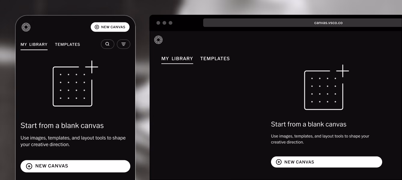 Minha biblioteca do VSCO Canvas no celular e na web, com o convite Começar com um canvas em branco e o botão Novo canvas