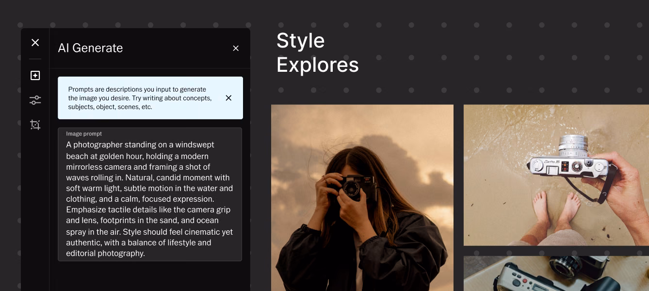 Painel de geração com IA do VSCO Canvas com um comando detalhado ao lado de um quadro Style Explores com fotos de câmeras