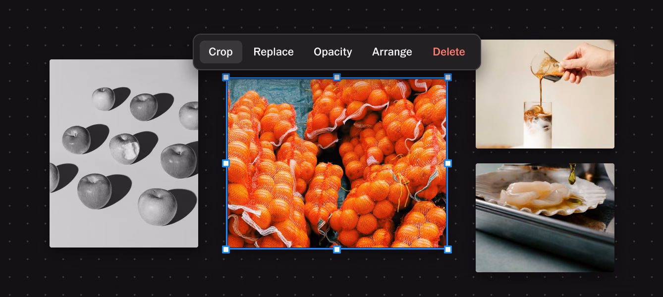 Foto selecionada em um quadro do VSCO Canvas com uma barra de ferramentas com Cortar, Substituir, Opacidade, Organizar e Excluir