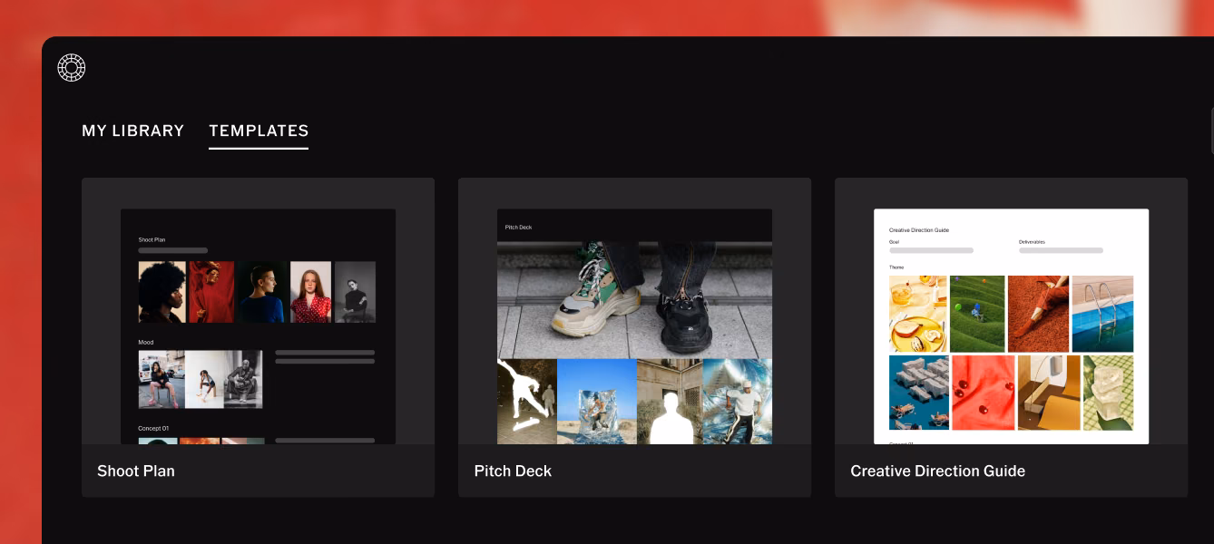Aba Modelos do VSCO Canvas com os modelos Shoot Plan, Pitch Deck e Creative Direction Guide