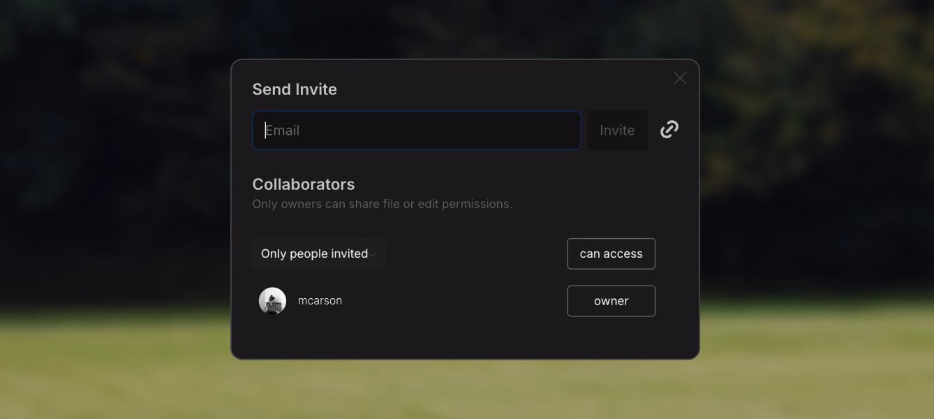 Painel Enviar convite do VSCO Canvas com um campo de e-mail, um ícone de link de compartilhamento e as configurações de acesso dos colaboradores