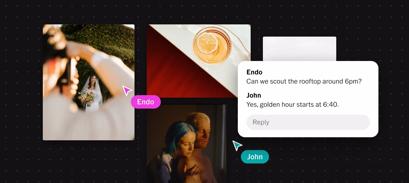 Quadro do VSCO Canvas com os cursores em tempo real de Endo e John e uma conversa nos comentários sobre a escolha de um terraço para a sessão