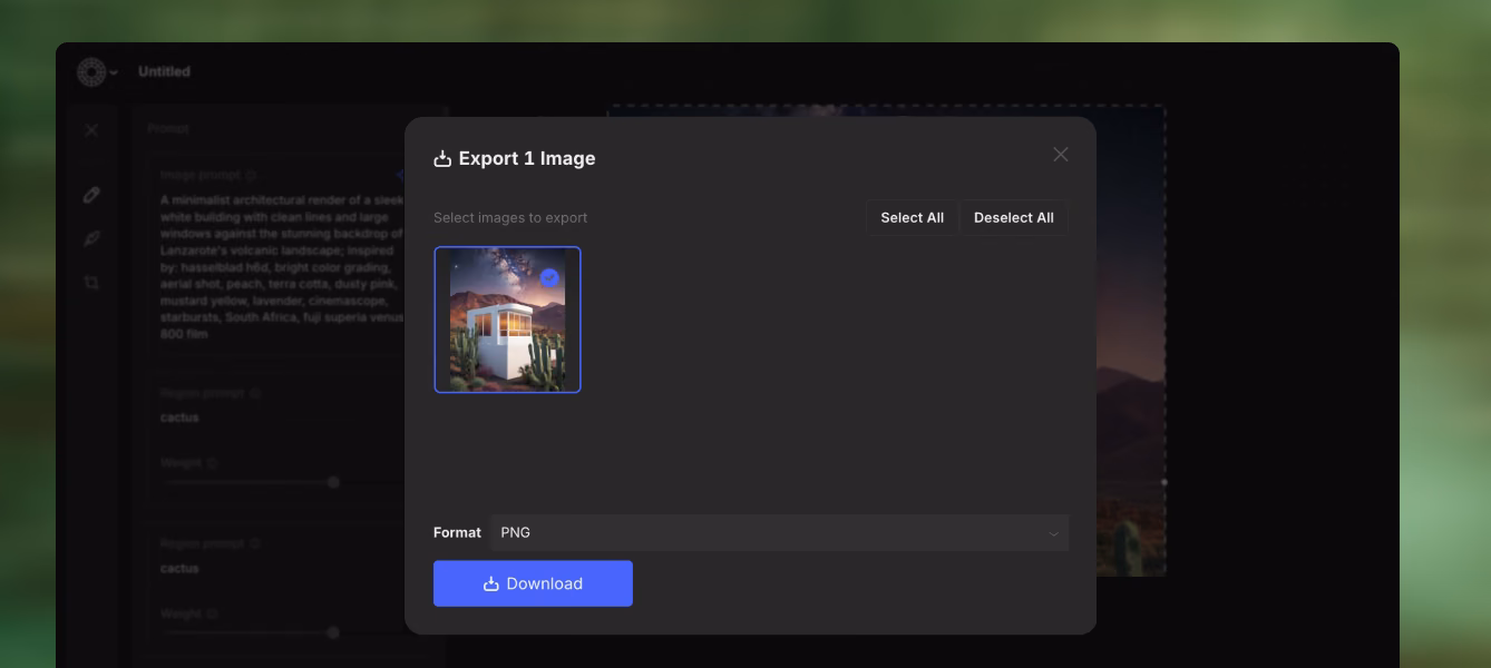 Caixa de diálogo Exportar 1 imagem do VSCO Canvas com uma imagem selecionada, formato PNG e um botão Baixar
