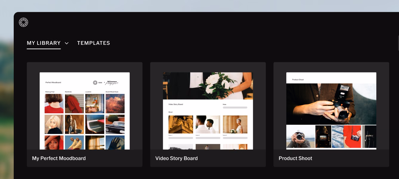 Minha biblioteca do VSCO Canvas com os canvas My Perfect Moodboard, Video Story Board e Product Shoot