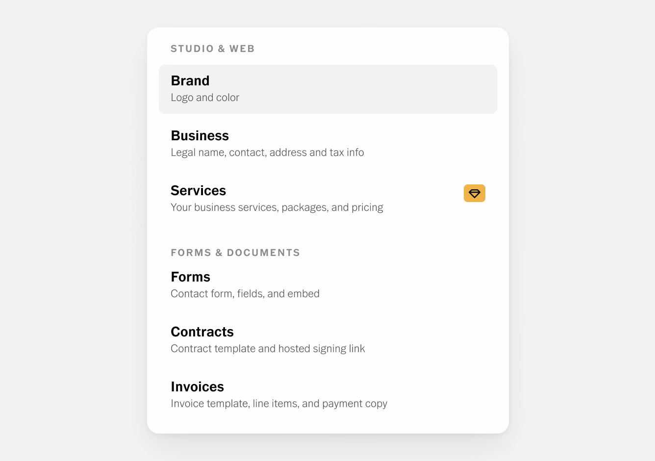 Menu de configurações do VSCO Workspace com Marca, Negócio e Serviços, além de Formulários, Contratos e Faturas