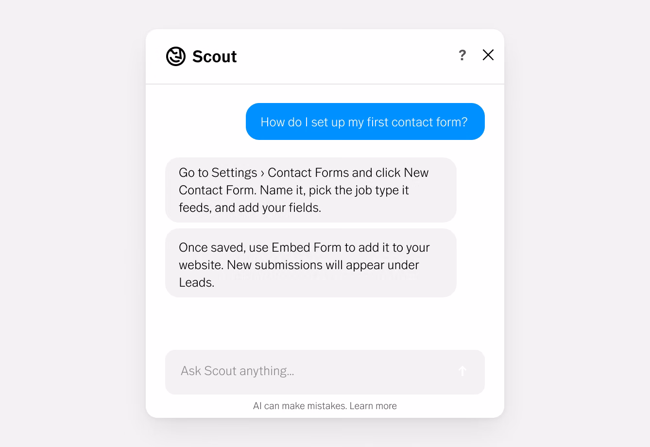 Painel do Scout, o assistente de IA do VSCO Workspace, respondendo à pergunta Como configuro meu primeiro formulário de contato?