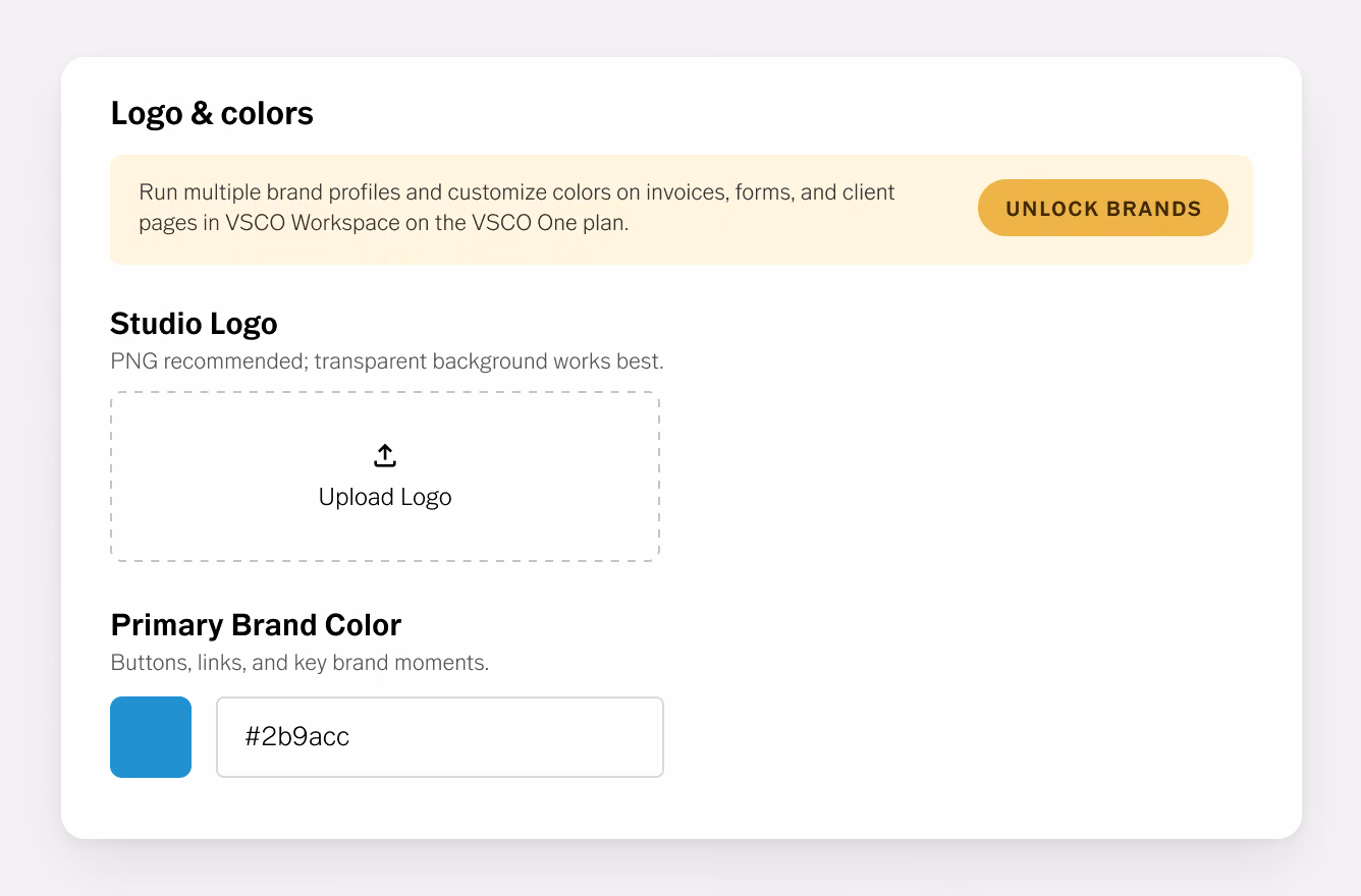 Configurações de Logotipo e cores do VSCO Workspace com uma área para enviar o logotipo do estúdio, a cor principal da marca e um banner para desbloquear marcas