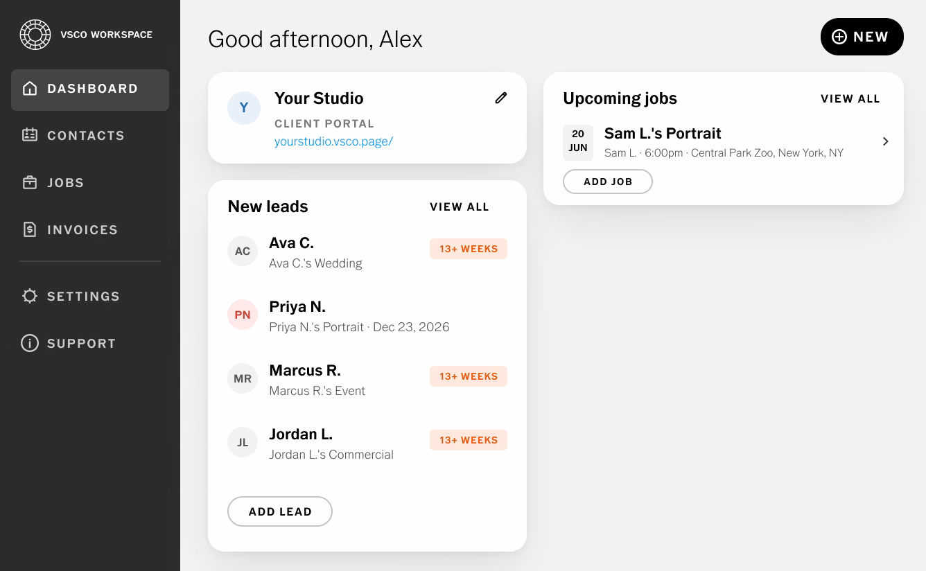Painel do VSCO Workspace com uma lista de novos leads, os próximos trabalhos, um link para o portal do cliente e um botão Novo