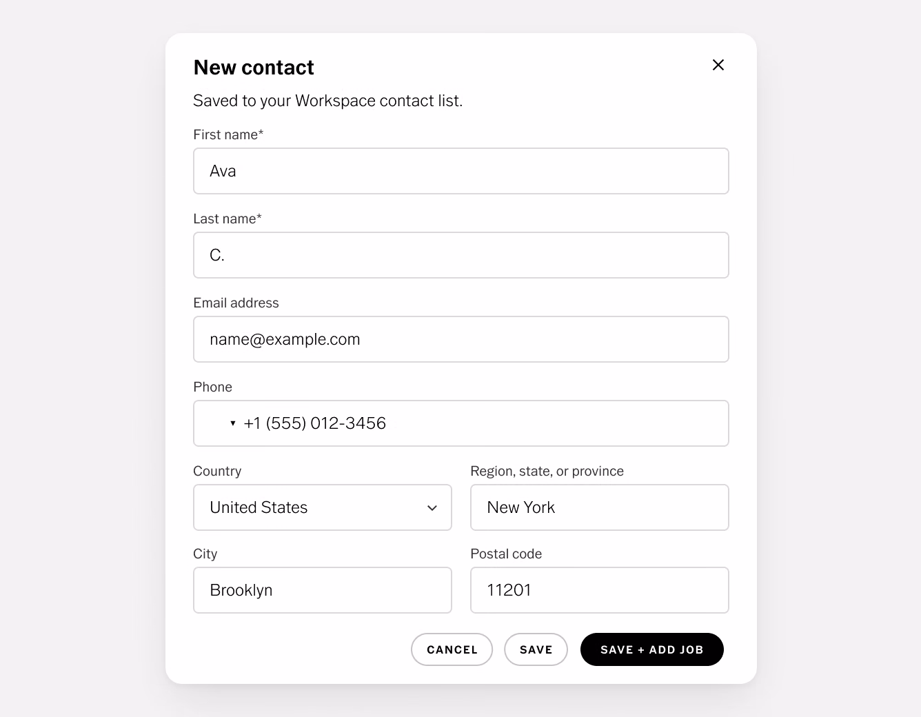 Formulário Novo contato do VSCO Workspace com campos de nome, e-mail, telefone e endereço e um botão Salvar + Adicionar trabalho