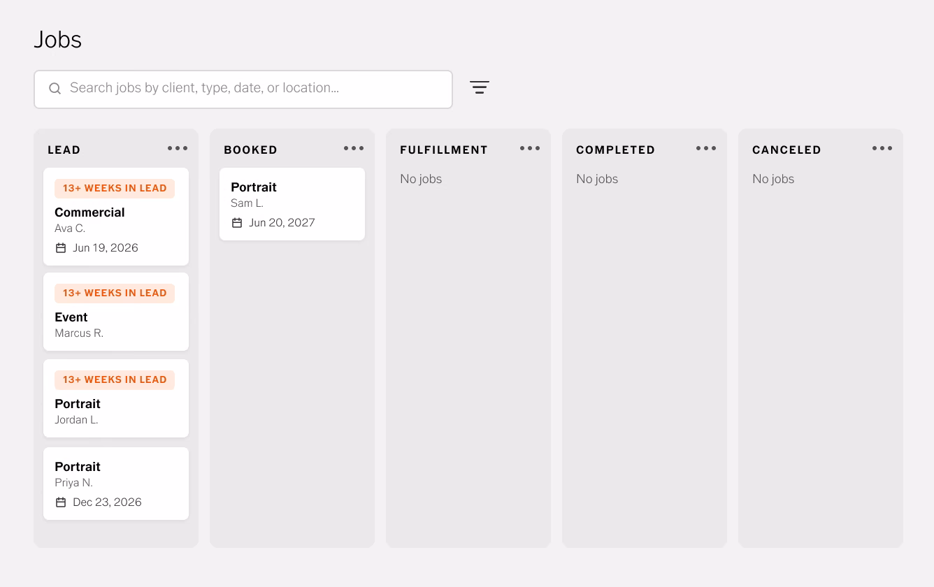 Quadro de trabalhos do VSCO Workspace com as colunas Lead, Agendado, Em execução, Concluído e Cancelado