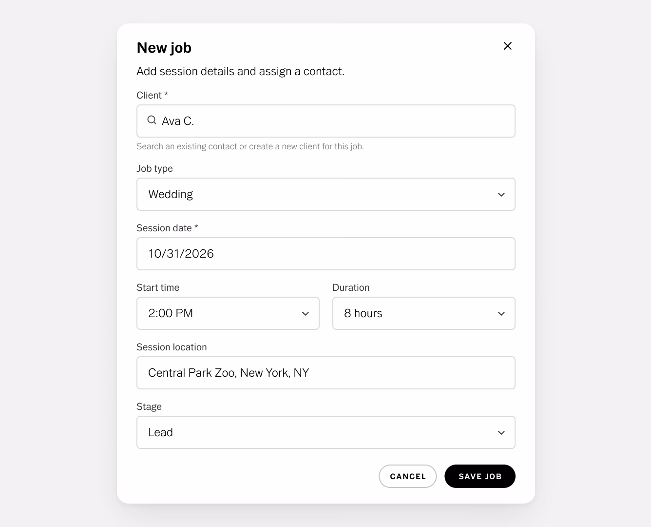 Formulário Novo trabalho do VSCO Workspace com cliente, tipo de trabalho, data, horário e local da sessão e a etapa Lead