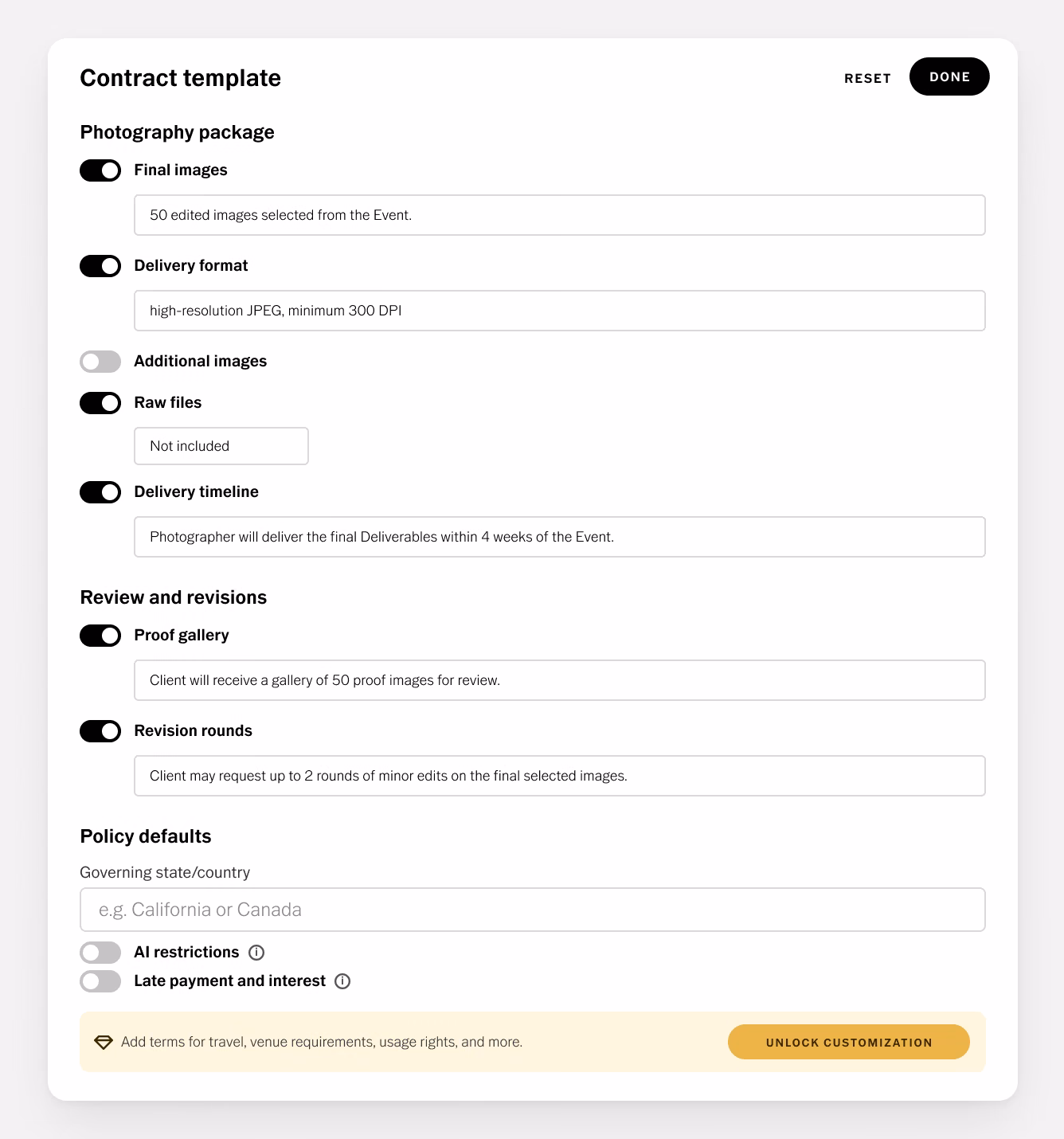 Modelo de contrato do VSCO Workspace com chaves para pacote fotográfico, revisão e alterações e políticas padrão