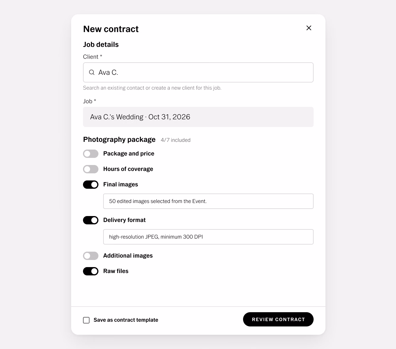 Formulário Novo contrato do VSCO Workspace para um trabalho de casamento, com cláusulas do pacote fotográfico ativadas ou desativadas