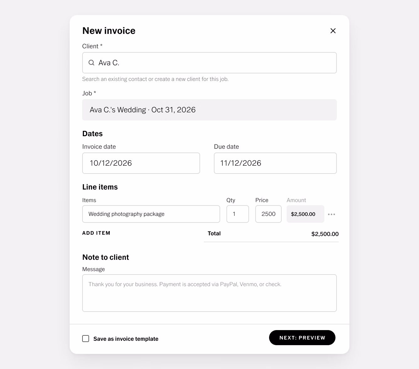 Formulário Nova fatura do VSCO Workspace com cliente, trabalho, datas, um item e uma observação de pagamento para o cliente
