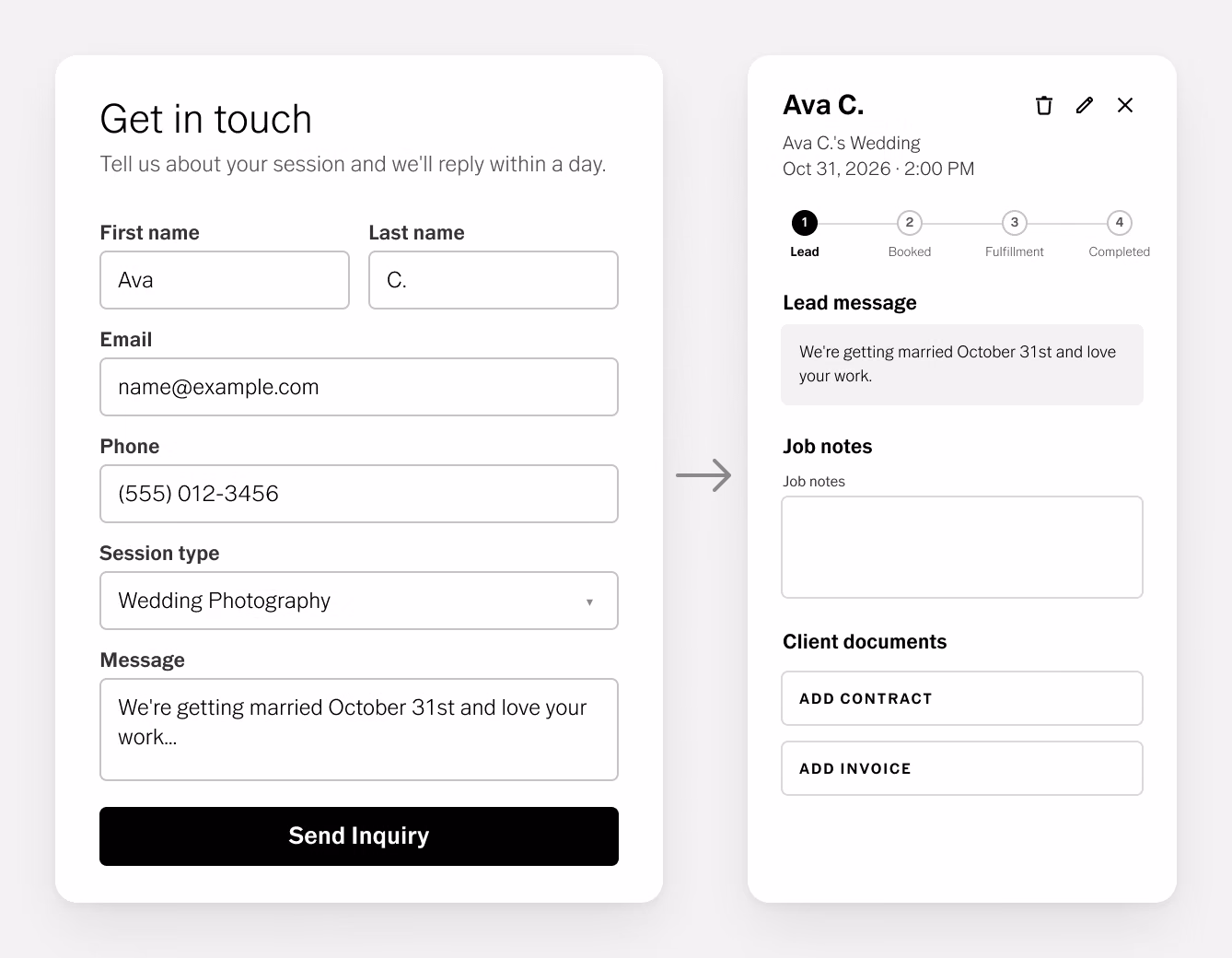 Formulário de contato Get in touch com uma solicitação de casamento, ao lado do novo lead que ele cria no VSCO Workspace