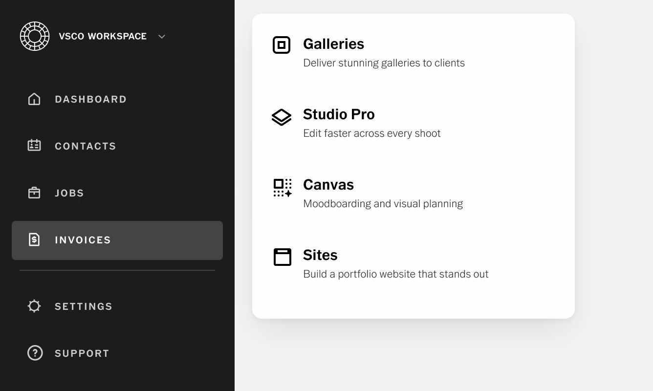Barra lateral do VSCO Workspace com um menu de ferramentas gratuitas: Galleries, Studio Pro, Canvas e Sites