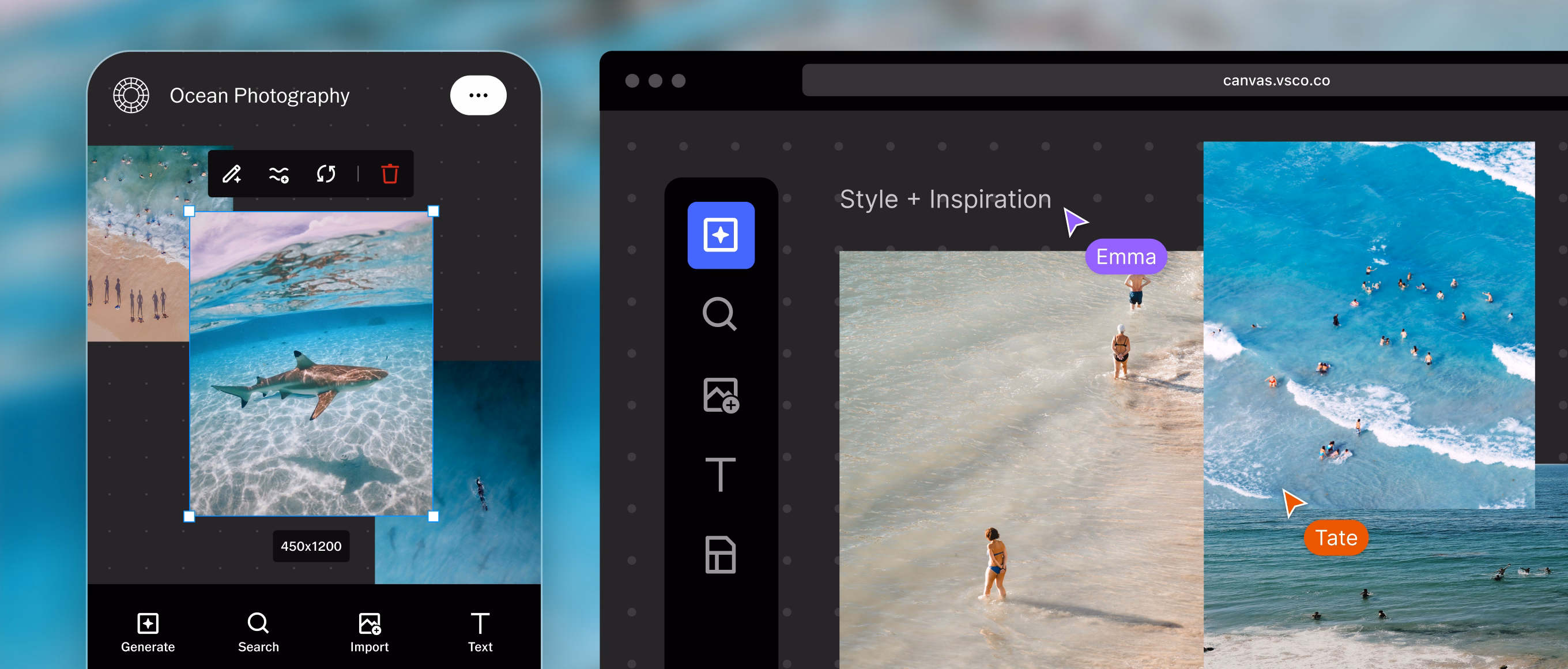 VSCO Canvas em um celular e em um navegador de computador em canvas.vsco.co, com um quadro Ocean Photography de fotos de praia e de tubarões debaixo d’água e cursores de colaboradores identificados como Emma e Tate.