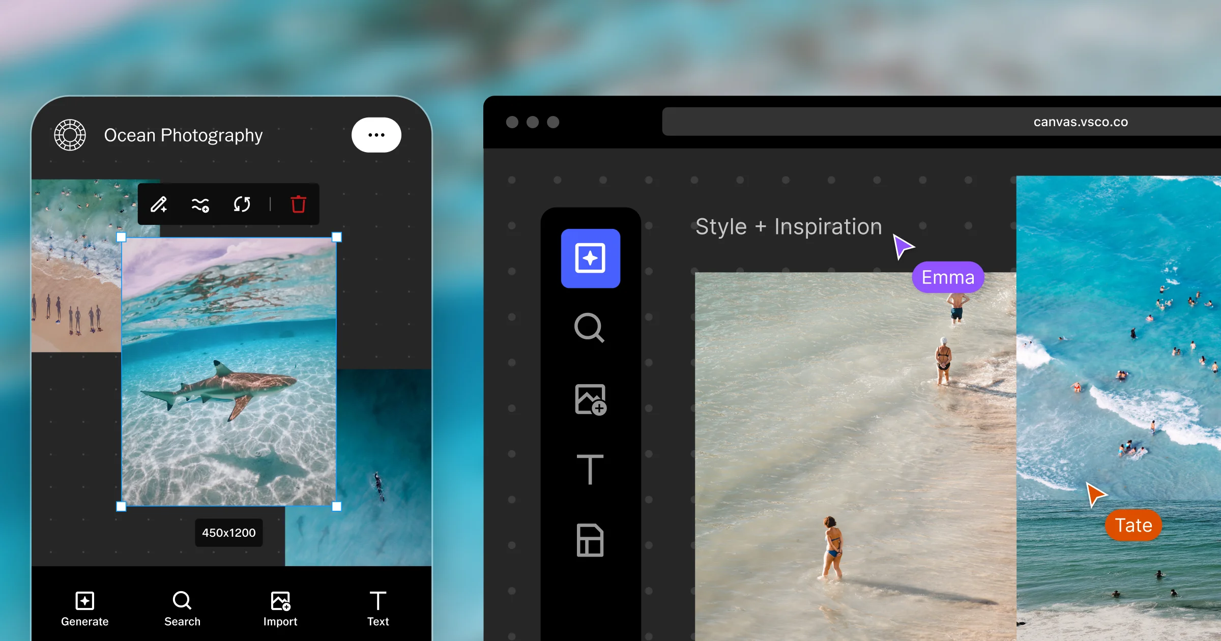 VSCO Canvas em um celular e em um navegador de computador em canvas.vsco.co, com um quadro Ocean Photography de fotos de praia e de tubarões debaixo d’água e cursores de colaboradores identificados como Emma e Tate.