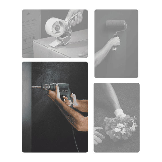 Collage de servicios del hogar: embalaje, pintura, taladro y limpieza