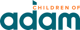 Blue and orange logo of the charity "Children of Adam" on a grey background.
