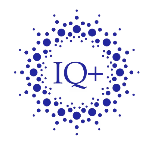 The IQ+ logo is depicted within a decorative ring, showcasing the text "IQ plus" at its core.