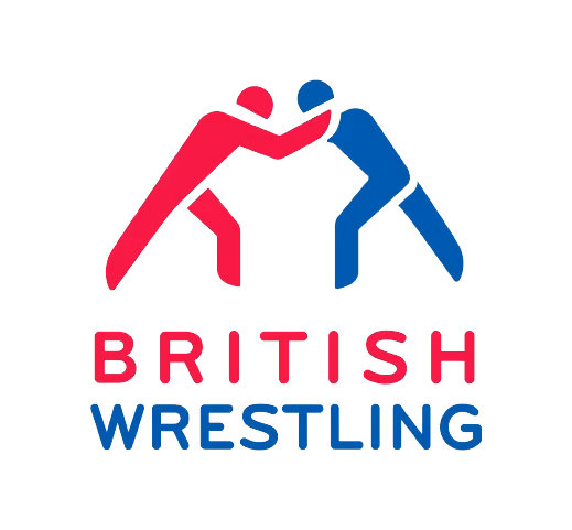 Red and white logo of British Wrestling, with the text "BRITISH WRESTLING" in the centre