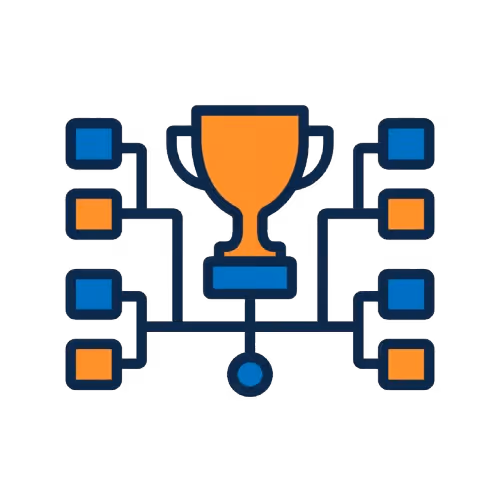Orange trophy connected to a bracket-style tournament chart with blue and orange nodes.