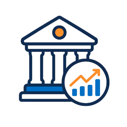 Icon of a bank building with a circular graph showing upward trending bars and an arrow.