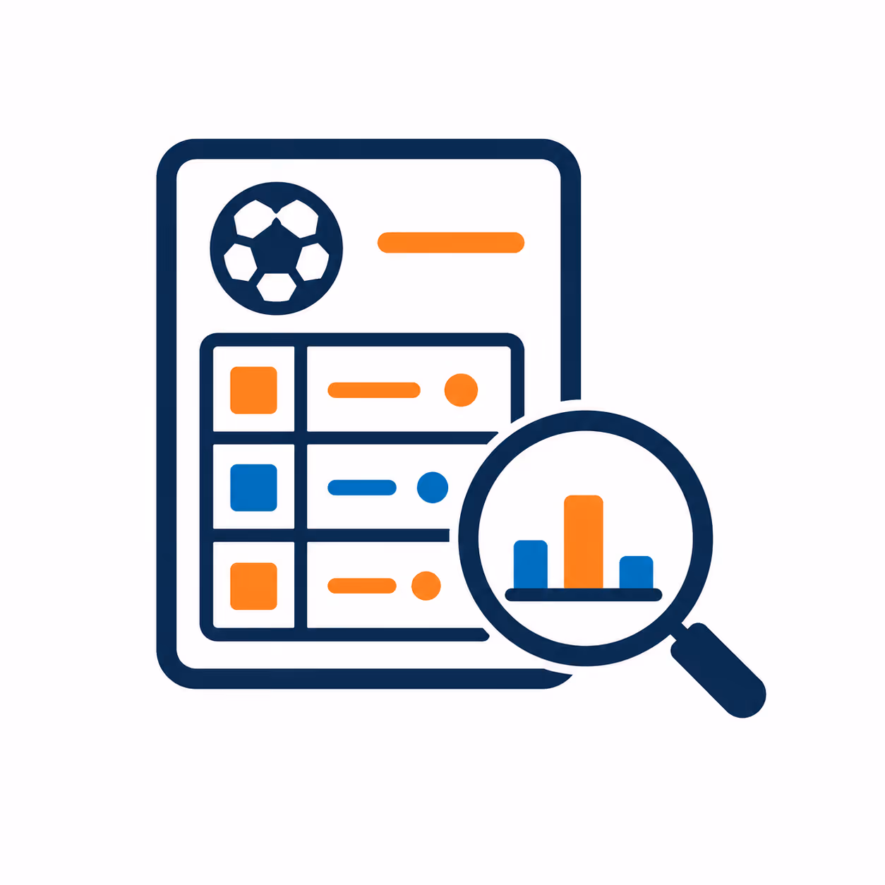 Icon showing a soccer scoreboard with a magnifying glass highlighting a bar chart analysis.